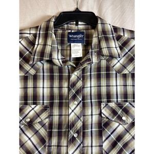 Wrangler Shirt Mens 2XT Tall Plum Green Plaid Western Pearl Snap Short‎ Sleeve